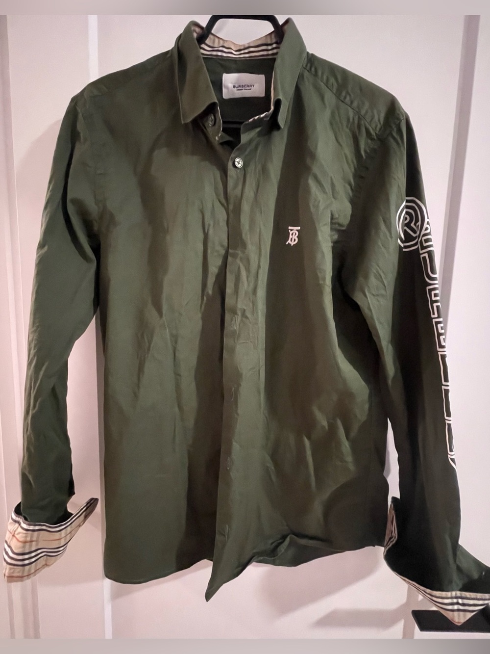 Burberry Dark Olive Green Button-Down Shirt with Sleeve Logo
